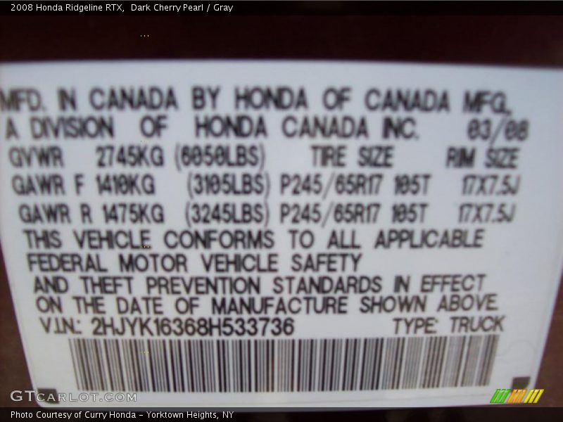 Dark Cherry Pearl / Gray 2008 Honda Ridgeline RTX
