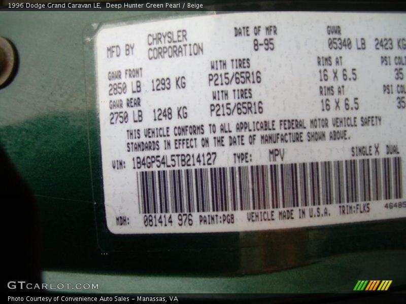 1996 Grand Caravan LE Deep Hunter Green Pearl Color Code PG8