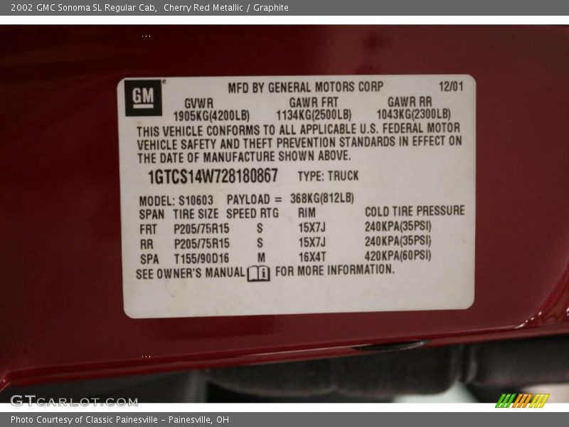 Info Tag of 2002 Sonoma SL Regular Cab