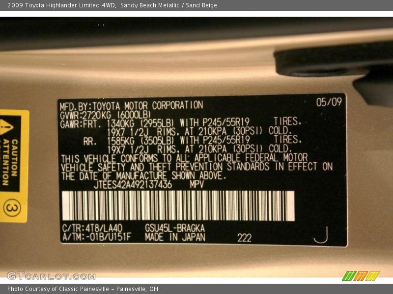 2009 Highlander Limited 4WD Sandy Beach Metallic Color Code 4T8