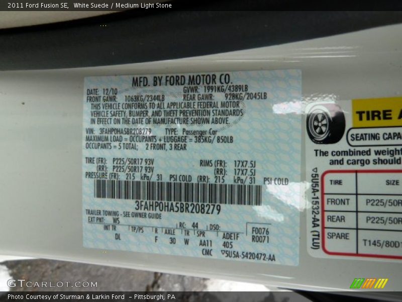 White Suede / Medium Light Stone 2011 Ford Fusion SE