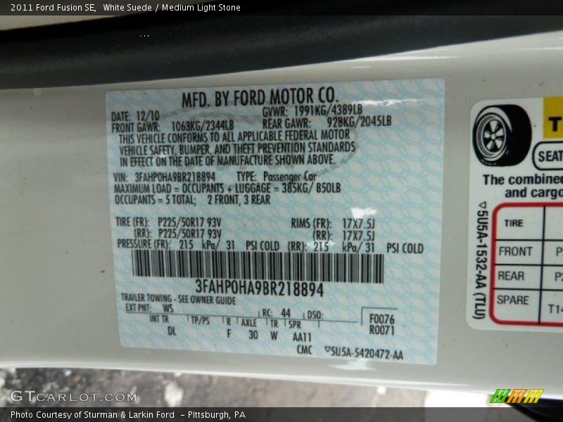 White Suede / Medium Light Stone 2011 Ford Fusion SE