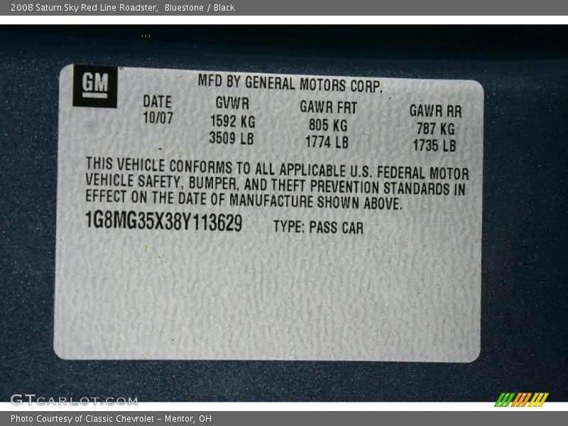 Bluestone / Black 2008 Saturn Sky Red Line Roadster