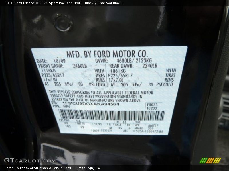 Black / Charcoal Black 2010 Ford Escape XLT V6 Sport Package 4WD