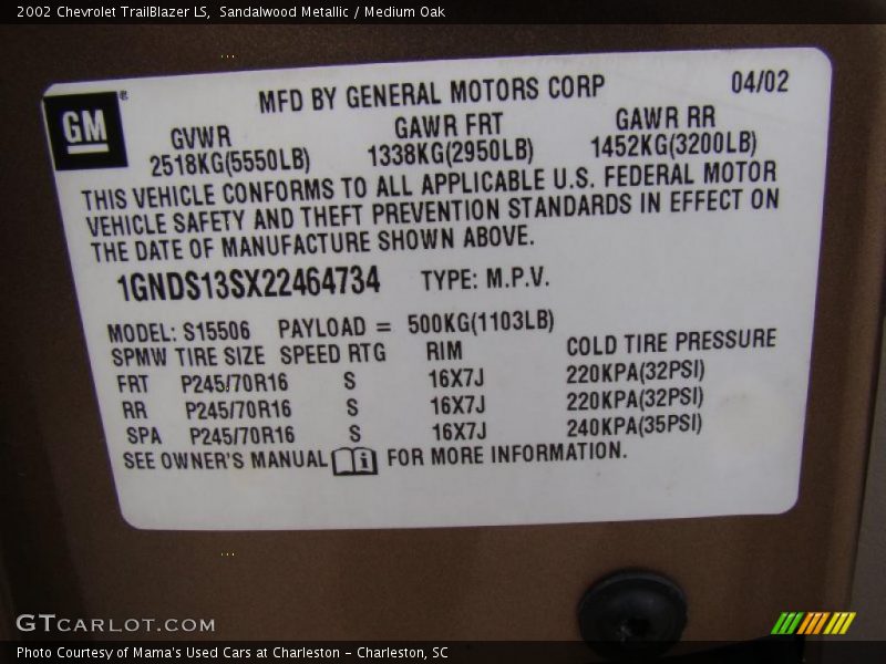 Sandalwood Metallic / Medium Oak 2002 Chevrolet TrailBlazer LS