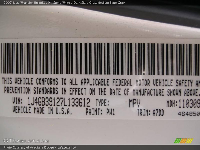 Stone White / Dark Slate Gray/Medium Slate Gray 2007 Jeep Wrangler Unlimited X