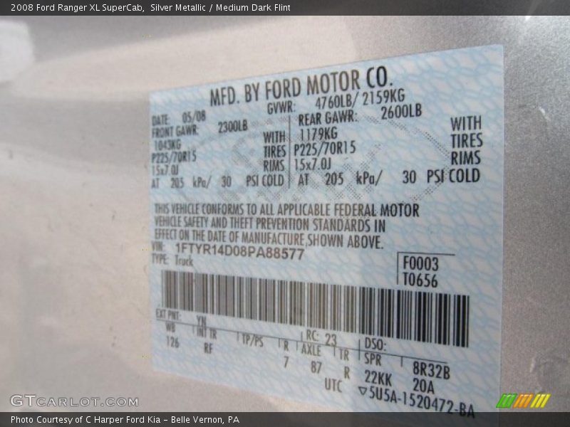 2008 Ranger XL SuperCab Silver Metallic Color Code YN