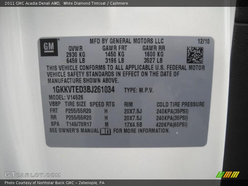 Info Tag of 2011 Acadia Denali AWD