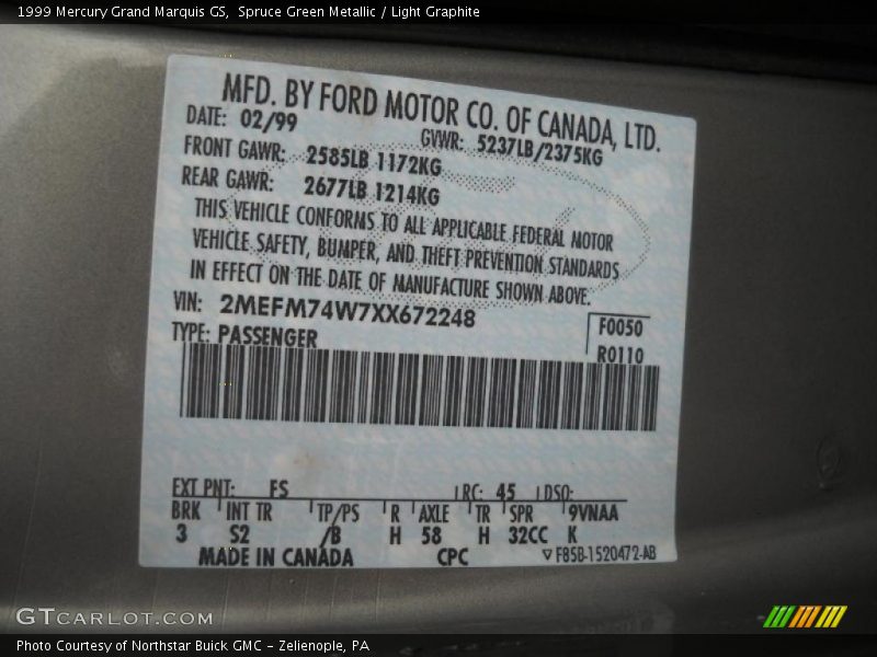 1999 Grand Marquis GS Spruce Green Metallic Color Code FS