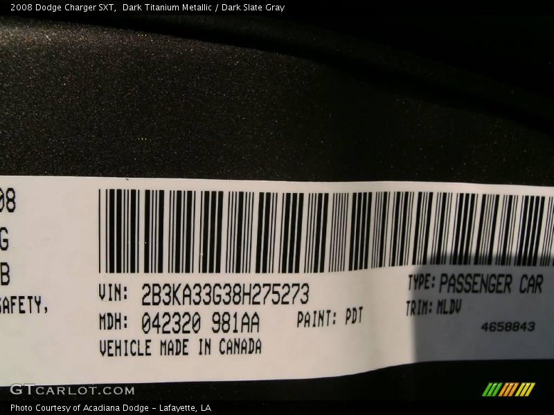2008 Charger SXT Dark Titanium Metallic Color Code PDT