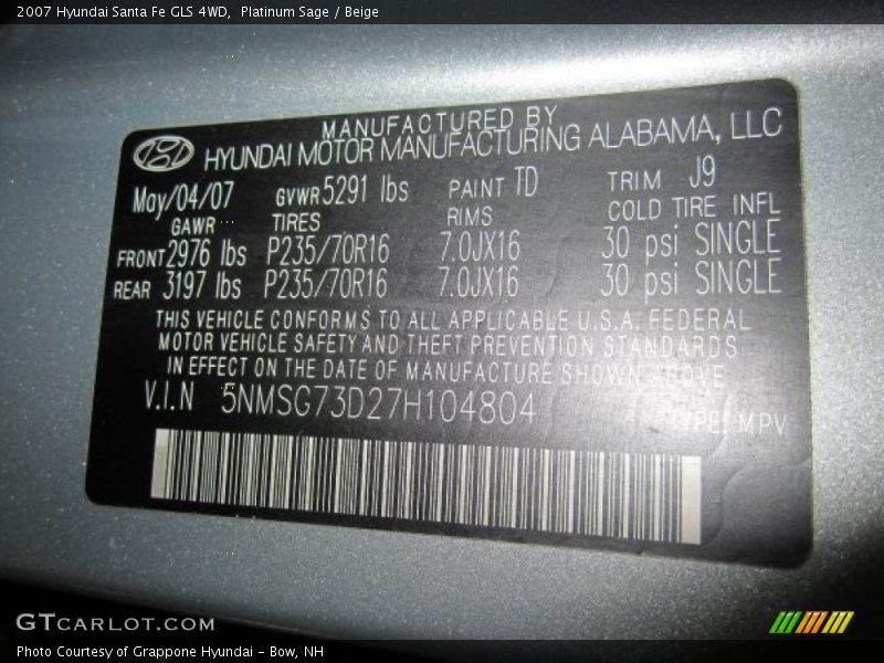 Platinum Sage / Beige 2007 Hyundai Santa Fe GLS 4WD