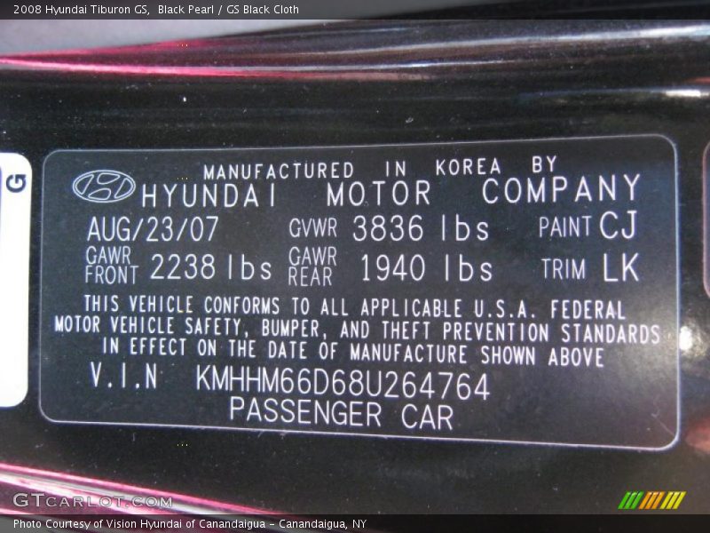 Black Pearl / GS Black Cloth 2008 Hyundai Tiburon GS