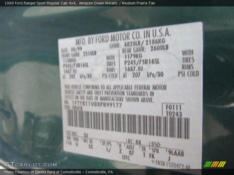 1999 Ranger Sport Regular Cab 4x4 Amazon Green Metallic Color Code SU