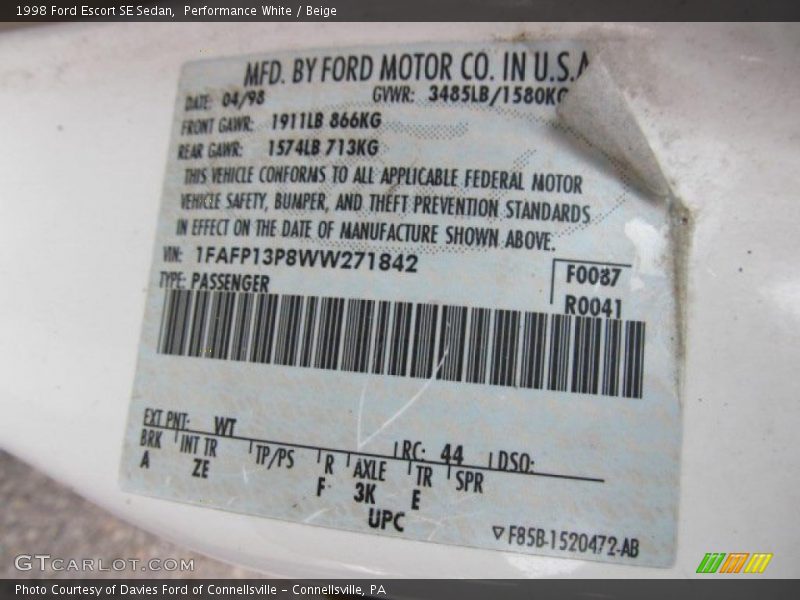 Performance White / Beige 1998 Ford Escort SE Sedan