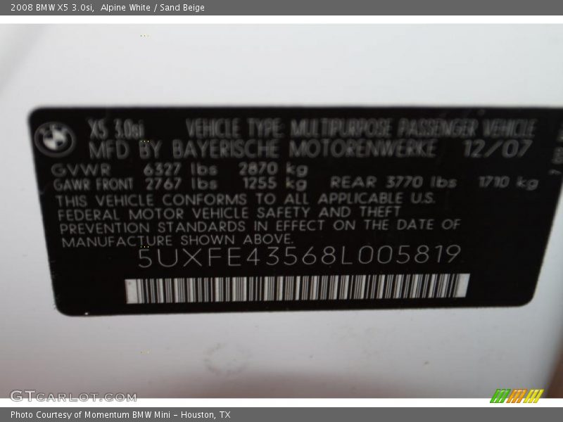 Alpine White / Sand Beige 2008 BMW X5 3.0si