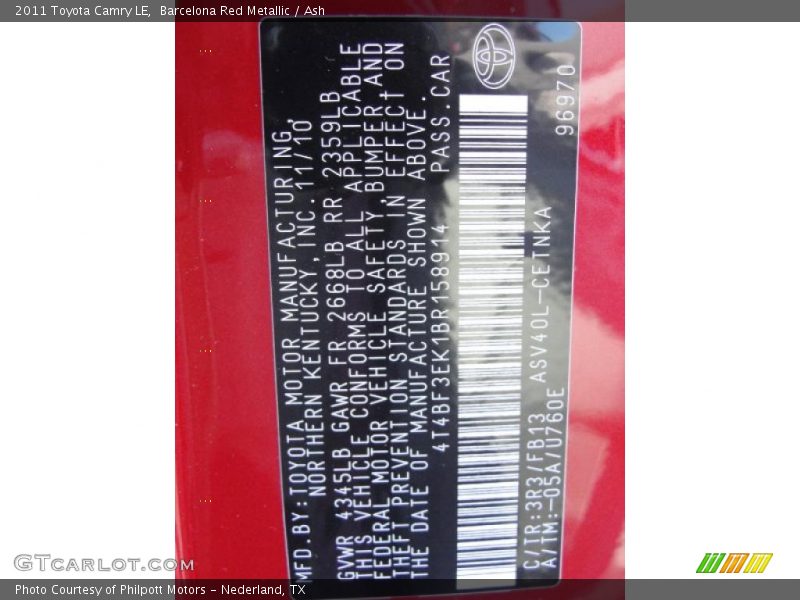 Barcelona Red Metallic / Ash 2011 Toyota Camry LE