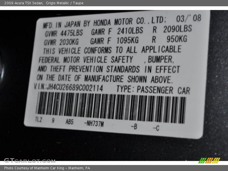 Grigio Metallic / Taupe 2009 Acura TSX Sedan