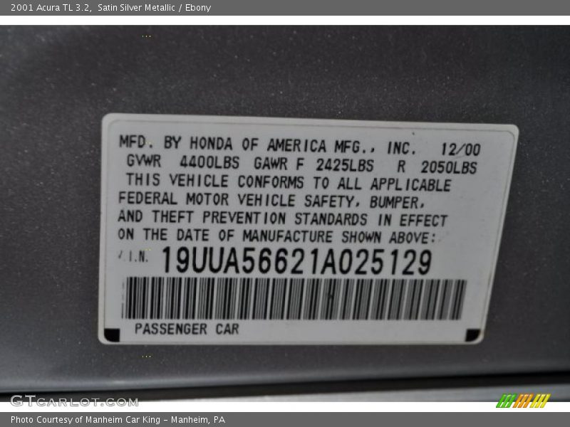 Satin Silver Metallic / Ebony 2001 Acura TL 3.2