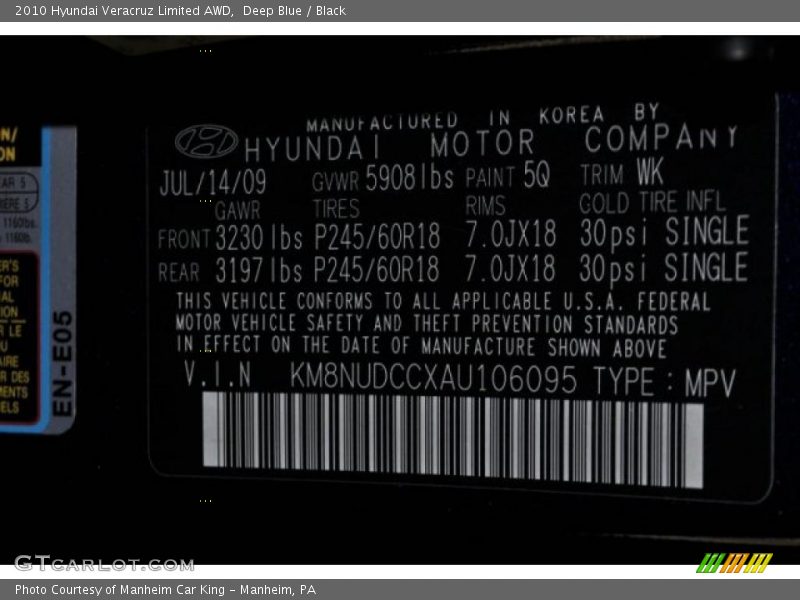 Deep Blue / Black 2010 Hyundai Veracruz Limited AWD