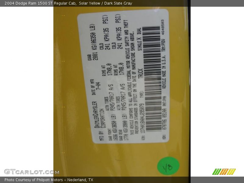 2004 Ram 1500 ST Regular Cab Solar Yellow Color Code PYH