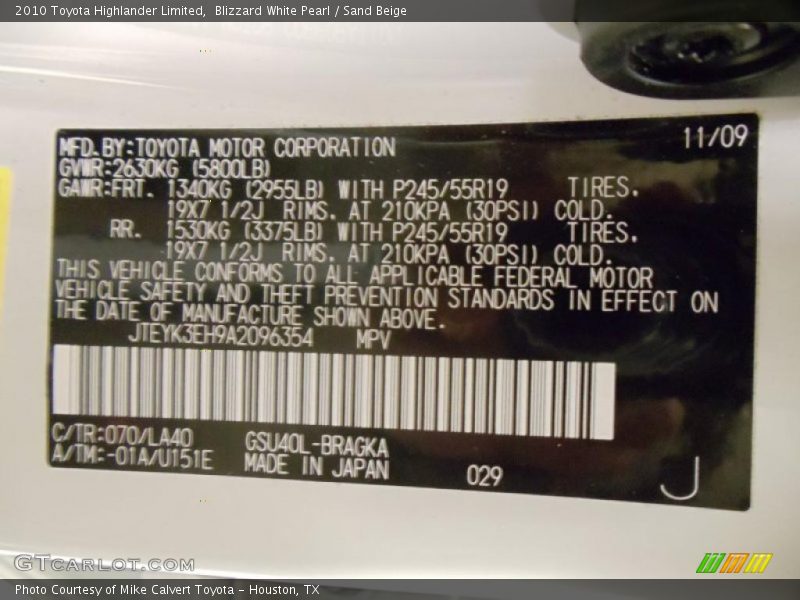 Blizzard White Pearl / Sand Beige 2010 Toyota Highlander Limited