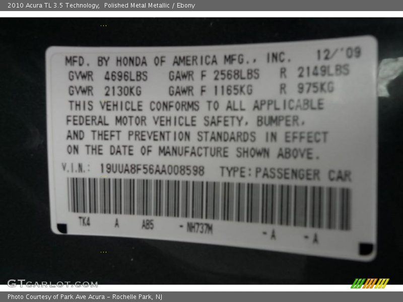 2010 TL 3.5 Technology Polished Metal Metallic Color Code NH737M