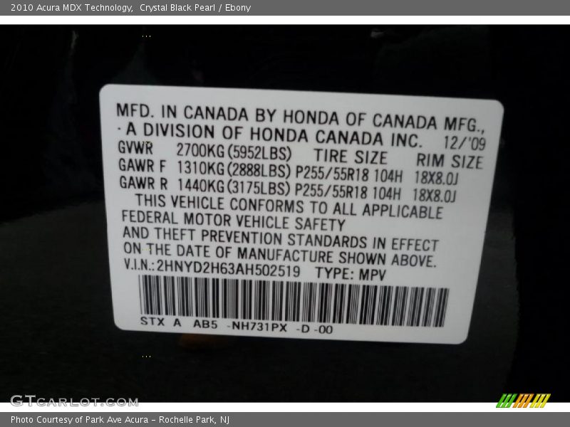 Crystal Black Pearl / Ebony 2010 Acura MDX Technology