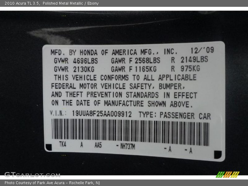 Polished Metal Metallic / Ebony 2010 Acura TL 3.5