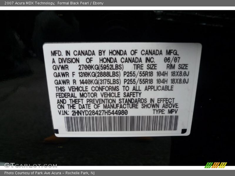 Formal Black Pearl / Ebony 2007 Acura MDX Technology