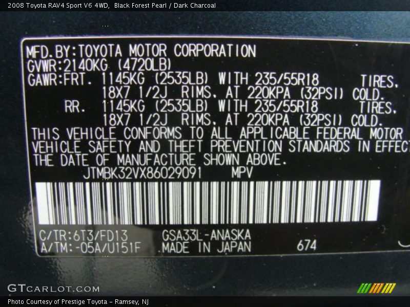 2008 RAV4 Sport V6 4WD Black Forest Pearl Color Code 6T3