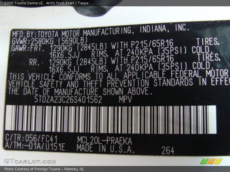 Arctic Frost Pearl / Taupe 2006 Toyota Sienna LE