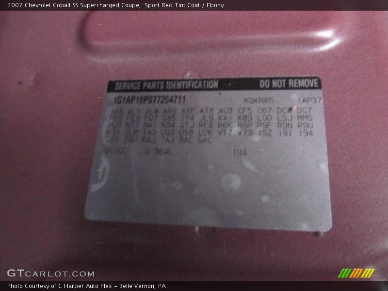 Info Tag of 2007 Cobalt SS Supercharged Coupe