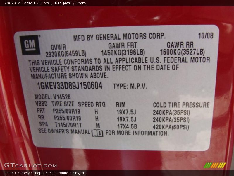 Info Tag of 2009 Acadia SLT AWD