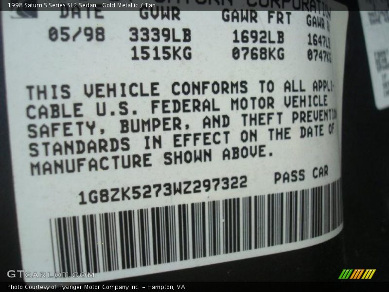 Gold Metallic / Tan 1998 Saturn S Series SL2 Sedan