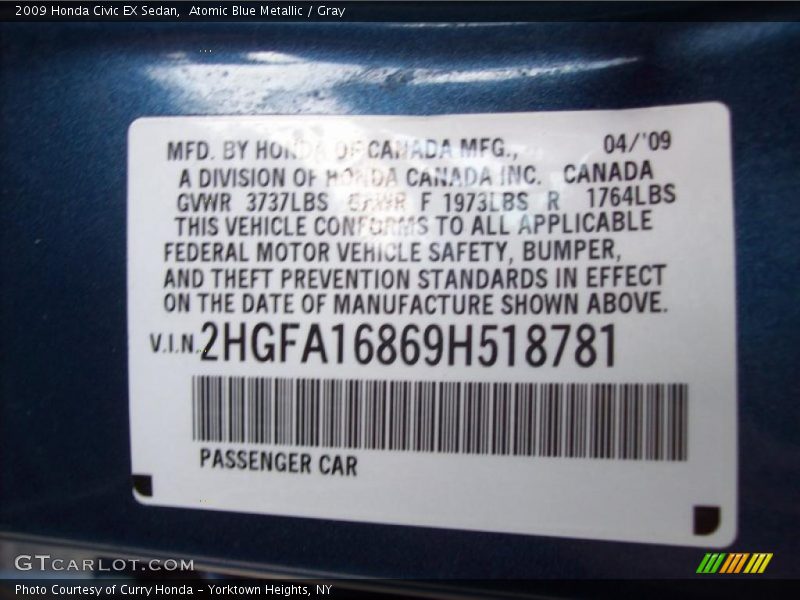 Atomic Blue Metallic / Gray 2009 Honda Civic EX Sedan