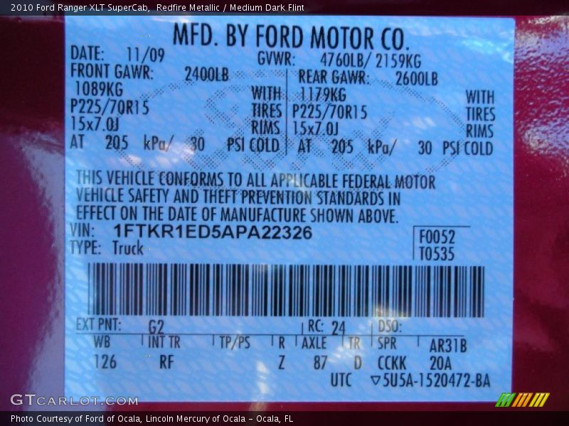Redfire Metallic / Medium Dark Flint 2010 Ford Ranger XLT SuperCab