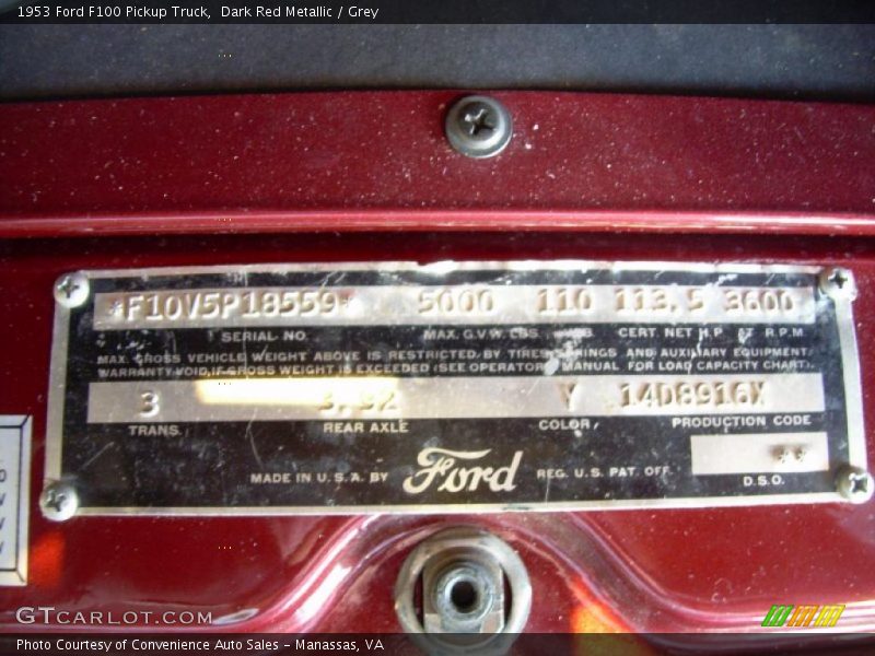 Info Tag of 1953 F100 Pickup Truck