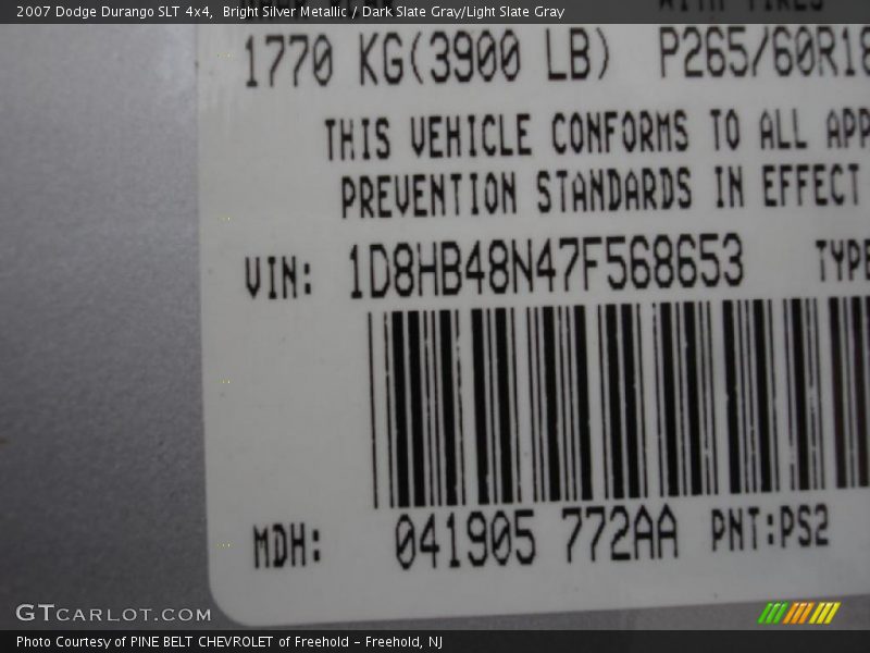 2007 Durango SLT 4x4 Bright Silver Metallic Color Code PS2