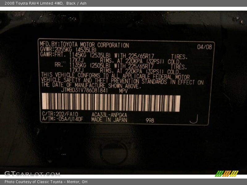 Black / Ash 2008 Toyota RAV4 Limited 4WD