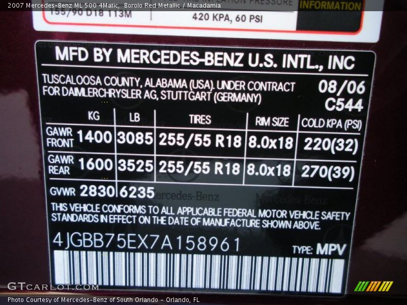 2007 ML 500 4Matic Borolo Red Metallic Color Code 544