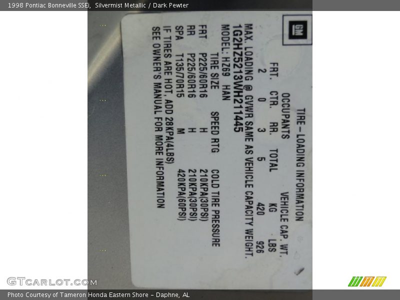 Info Tag of 1998 Bonneville SSEi