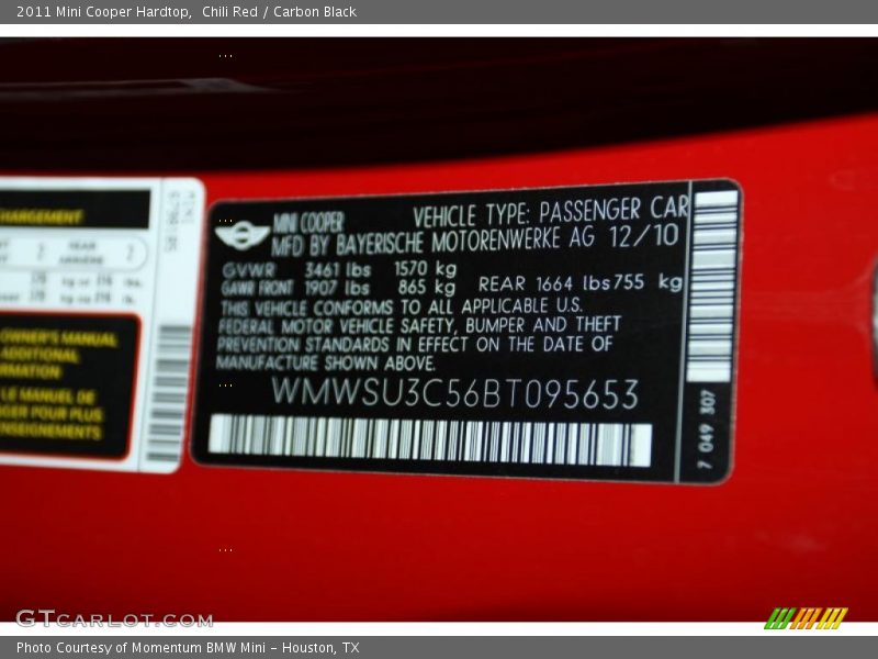 Chili Red / Carbon Black 2011 Mini Cooper Hardtop
