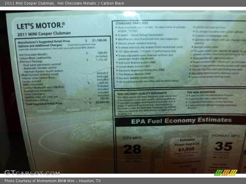  2011 Cooper Clubman Window Sticker