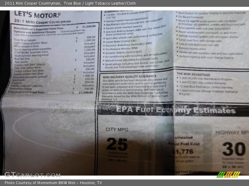 True Blue / Light Tobacco Leather/Cloth 2011 Mini Cooper Countryman