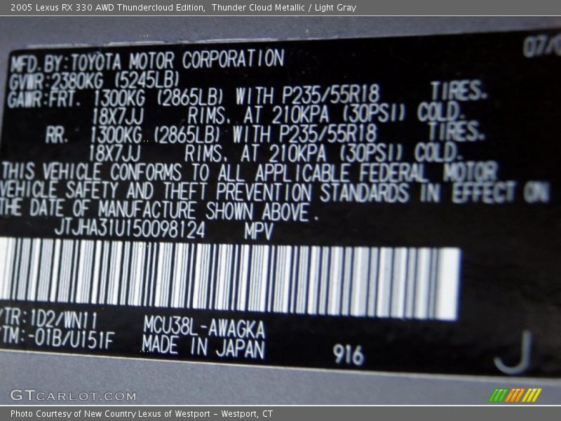Thunder Cloud Metallic / Light Gray 2005 Lexus RX 330 AWD Thundercloud Edition