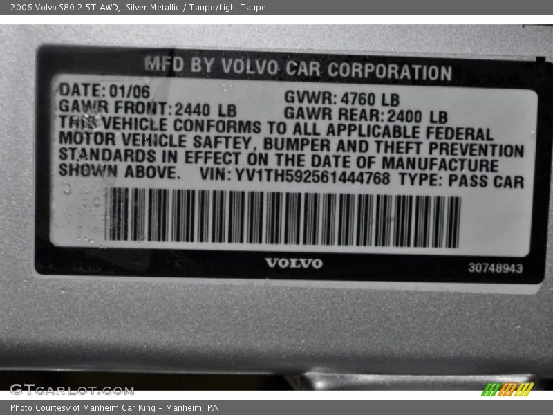Silver Metallic / Taupe/Light Taupe 2006 Volvo S80 2.5T AWD