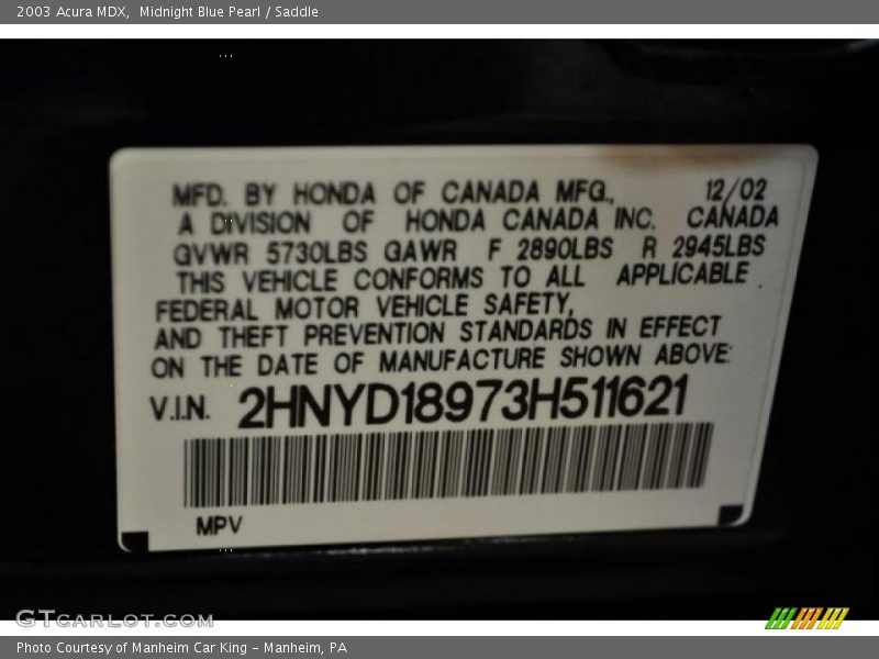 Midnight Blue Pearl / Saddle 2003 Acura MDX