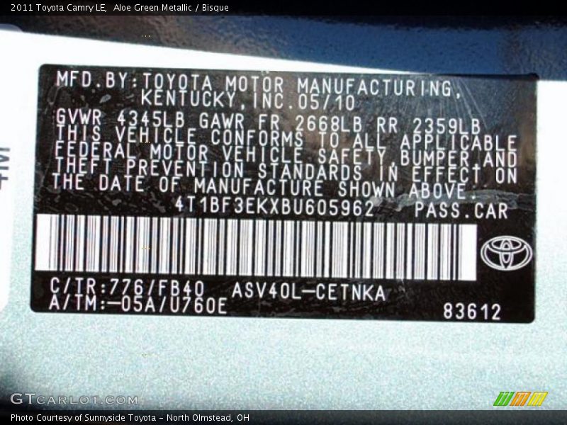 Aloe Green Metallic / Bisque 2011 Toyota Camry LE