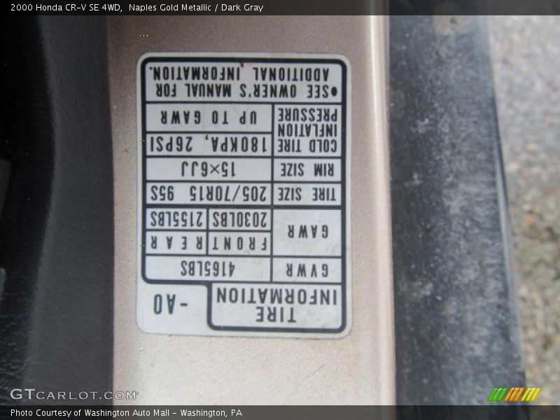 Info Tag of 2000 CR-V SE 4WD