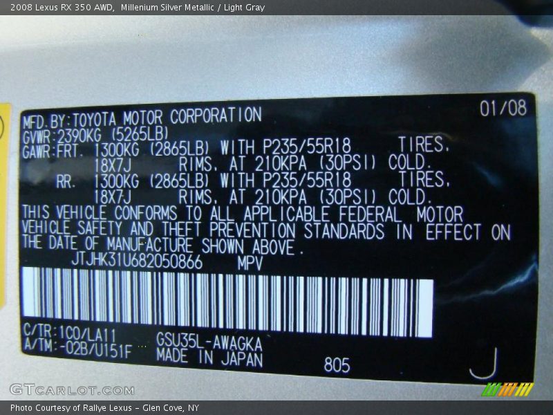 Millenium Silver Metallic / Light Gray 2008 Lexus RX 350 AWD